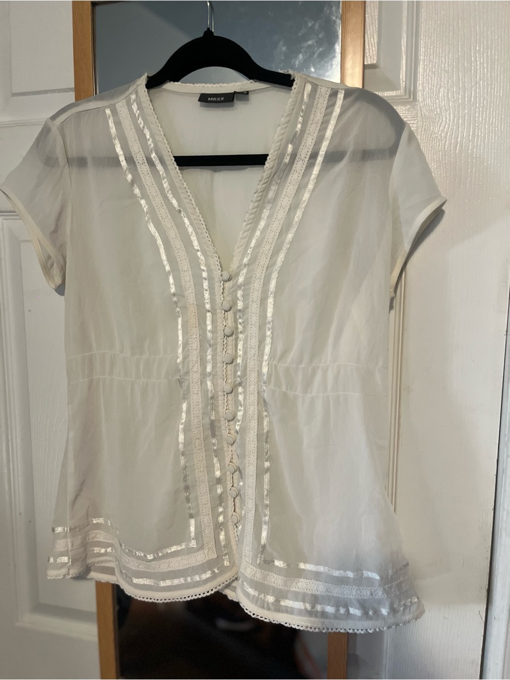 Size 10, Mexx White/Cream Short-Sleeve V-Neck Blouse, Boho Summer Sheer Top